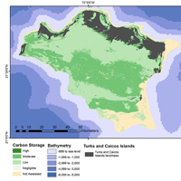 Relative carbon storage potential of shallow marine-coastal habitats of the Turks and Caicos Islands (created by JNCC, bathymetry data from GEBCO2014). A map showing the relative carbon storage potential of shallow marine-coastal habitats of the Turks and Caicos Islands, including high, moderate, low, negligible, potential and potential not assessed.