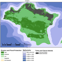 Relative erosion and flood protection potential of shallow coastal-marine habitats of the Turks and Caicos Islands (created by JNCC, bathymetry data from GEBCO2014). A map showing the relative erosion and flood protection potential of shallow coastal-marine habitats of the Turks and Caicos Islands, including high, moderate, low, negligible, potential and potential not assessed.