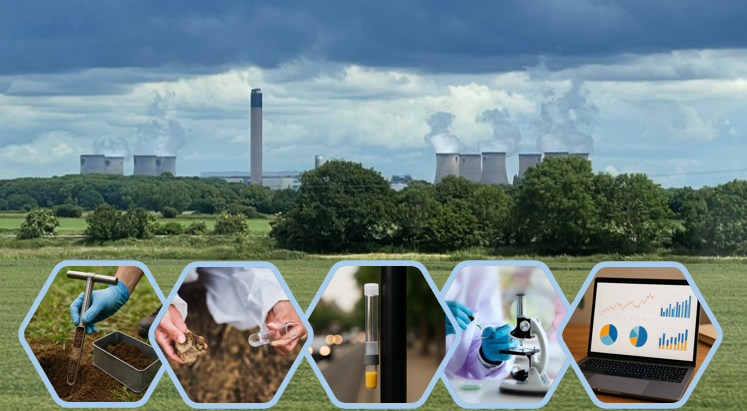 ©RachaelHowlett Power station with images in hexagons of lab equipment, soil sampling, laptop with graphs displayed and air pollution diffusion tube
